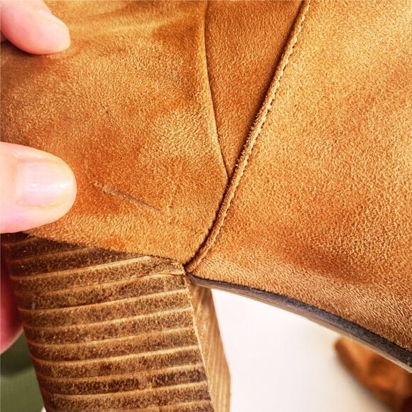 Report Tariq Tall Shaft Faux Suede Bootie Tan Block Heel Slip On/Pull Tab Size 9 - Picture 15 of 16